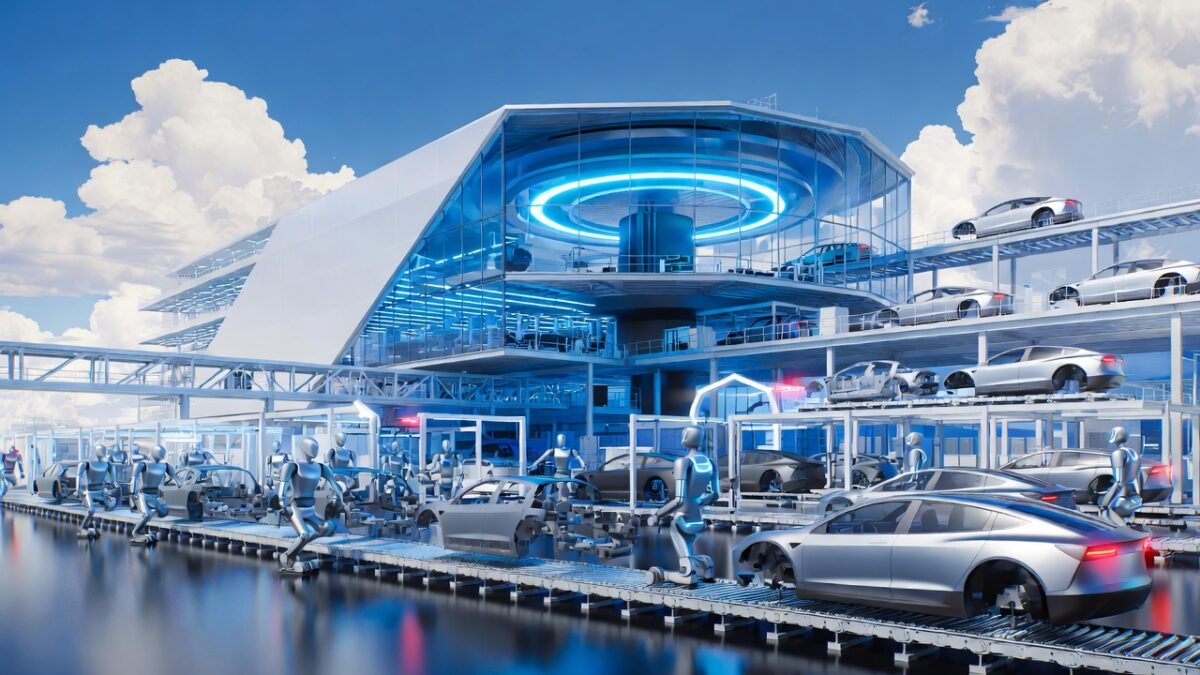 Futuristic Tesla factory at sunset with Optimus robots assembling electric vehicles and flying drones, symbolizing 2026 autonomy goals