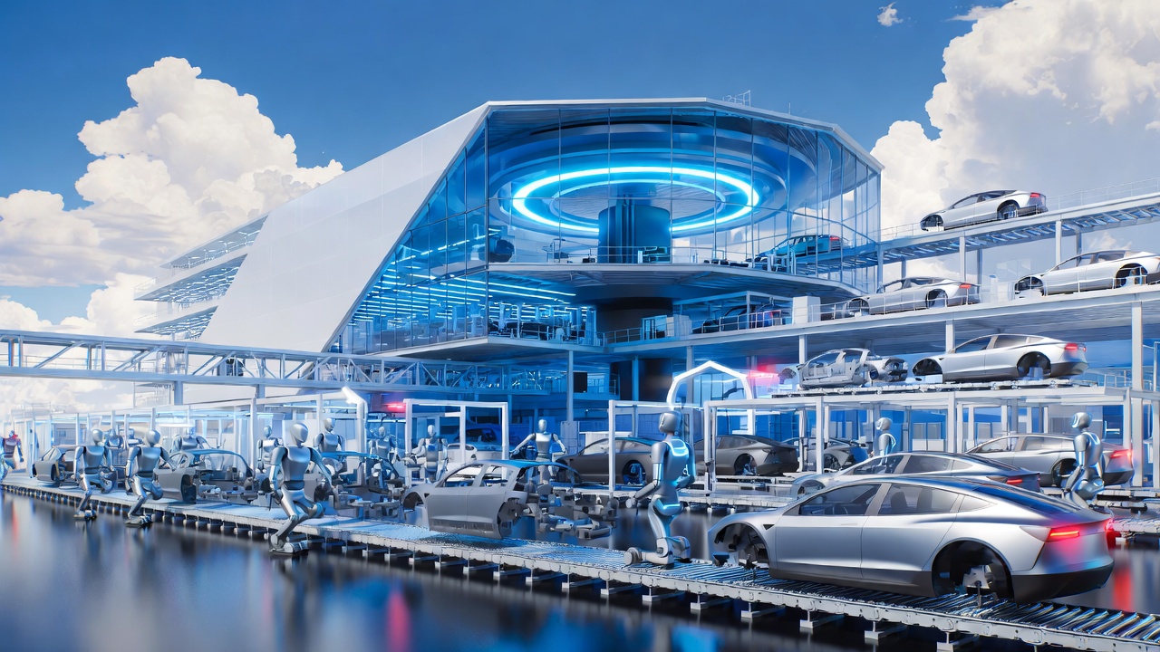 Futuristic Tesla factory at sunset with Optimus robots assembling electric vehicles and flying drones, symbolizing 2026 autonomy goals