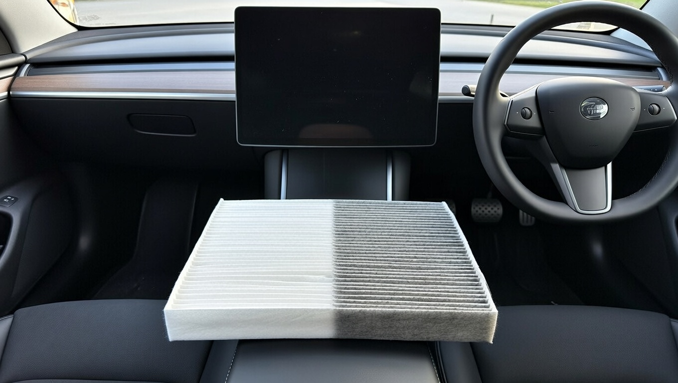 Tesla Model 3 cabin air filter before and after replacement – clean vs dirty comparison