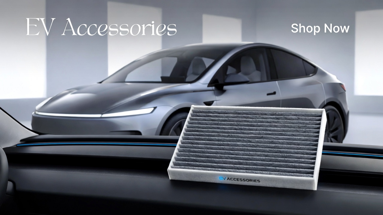 Premium cabin air filter installed in Tesla Model Y electric vehicle interior – high-quality EV air purification from EV Accessories