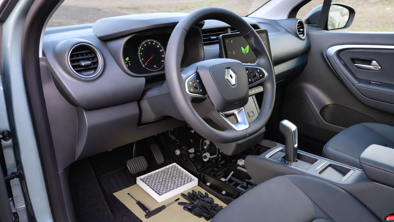 Renault Zoe 2026 cabin filter replacement showing driver footwell access with new pollen filter and tools UK