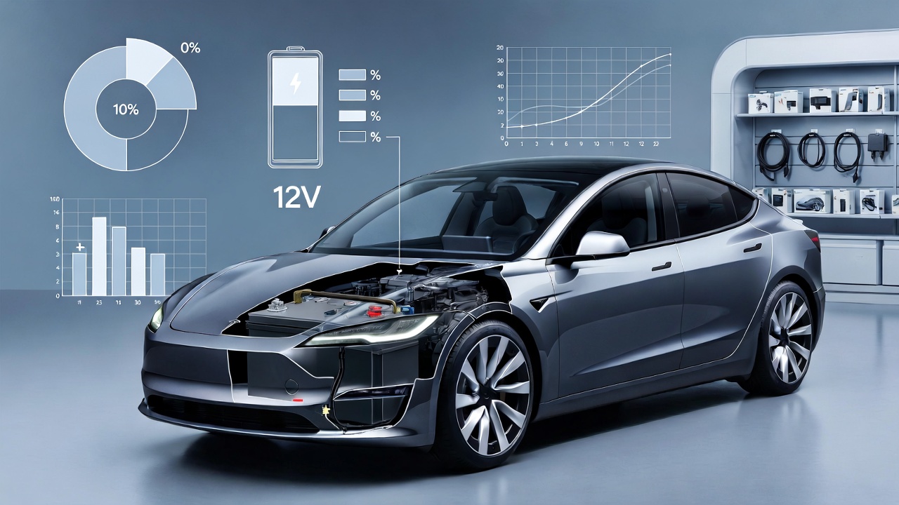 Tesla Model 3 with highlighted 12V low-voltage battery and charging profile diagrams – essential for safe replacement