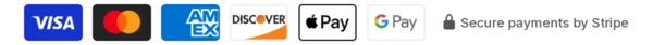 Visa, Mastercard, American Express, Discover, Apple Pay and Google Pay accepted. Secure payments by Stripe.