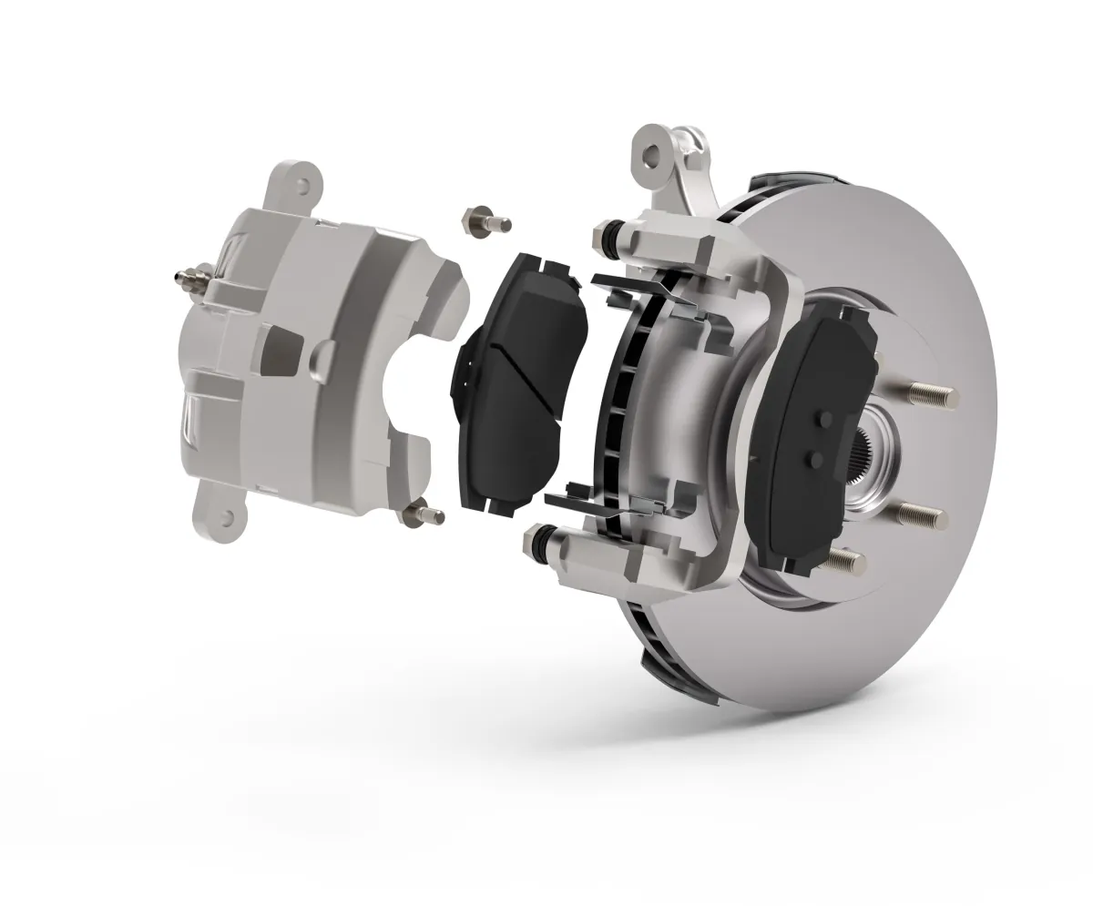 Exploded view of a car disc brake showing the caliper, pads and disc