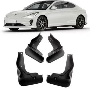 MG IM5 mud flaps, front and rear splash guard set, shown next to the car