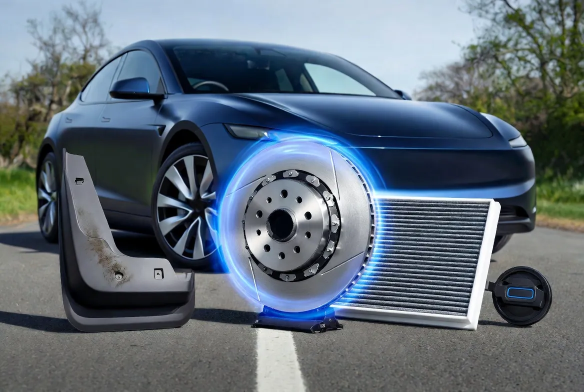 Electric car with a brake disc, mud flap and cabin filter in front of it