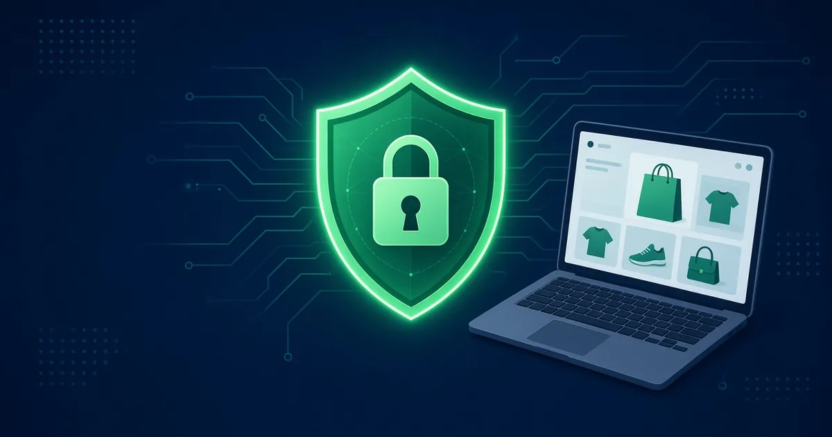 Green security shield with padlock protecting an online shop on a laptop