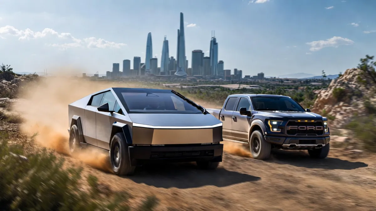 Tesla Cybertruck and a pickup truck driving on a dirt track with a city skyline behind