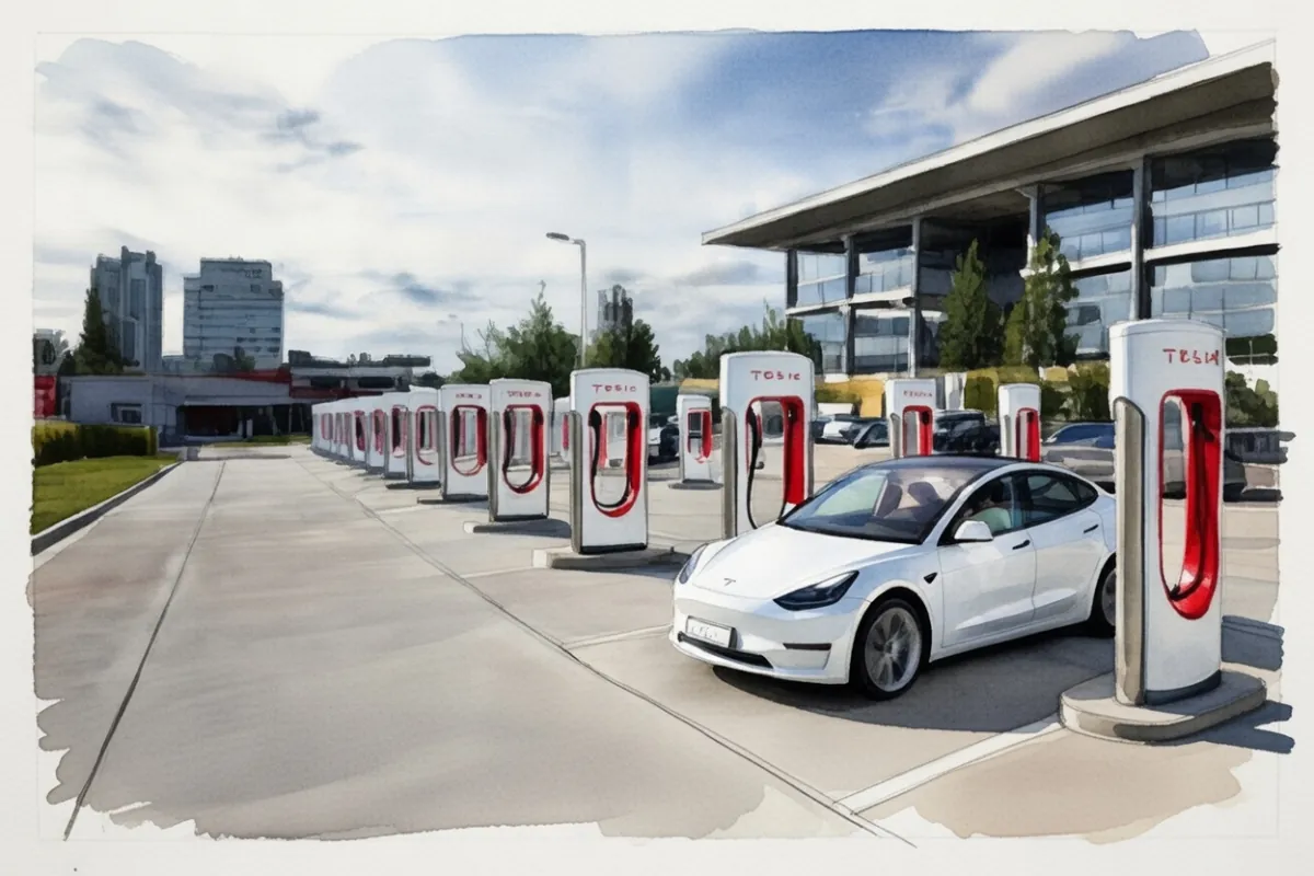 White Tesla parked at a row of Superchargers